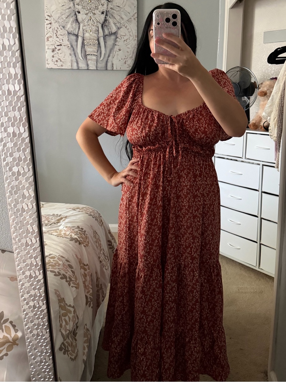 Rust Red leaves leaf Maxi Dress with Smocked Bodice Ruffle Sleeves Large